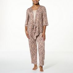 Hue 3-piece Topper, Tank and Pant PJ Set  Soft-as-a-dream, timeless soft knit fabric and beautiful prints come together in this cozy-chic pajama set, creating the ultimate lounging experience. Printed Loungewear Sets For Fall, Beige Stretch Loungewear Set, Hue Color, Beautiful Prints, Cozy Chic, Tunic Styles, Draped Fabric, Come Together, Pj Sets