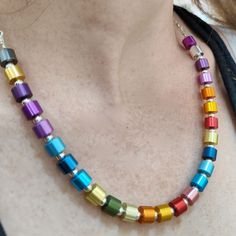 This necklace is a sequence of colorful beads in spectacular colors and rainbow colors that will adorn your décolleté and add uniqueness and color to any garment you choose to wear; a lightweight, easy-to-wear necklace yet simultaneously statement and impressive. You can wear this necklace for an event - and even wear it. Tiny round silver beads threaded between each colored cylindrical bead chain necklace with a silver sterling necklace on the sides ❃ SIZE ❃ Necklace Length: 18 inches (45cm) Cu Bead Chain Necklace, Sterling Necklace, Wear Necklaces, Sterling Necklaces, Bead Chain, Colorful Earrings, Necklace Length, Beaded Chain, Silver Beads