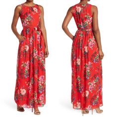 Size: 2 Bust: 32-34 In. Waist: 26 In. Details & Care A Matching Belt Cinches The Waist Of This Dreamy Floral-Patterned Dress Designed In A Timeless Sleeveless Silhouette. 56" Length Crew Neck Sleeveless Back Zip Closure Lined 100% Polyester Machine Wash, Tumble Dry Imported Red Floral Print Sleeveless Dress For Spring, Sleeveless Chiffon Maxi Dress Lined, Red Sleeveless Lined Maxi Dress, Red Sleeveless Maxi Dress For Spring, Red Floral Print Elegant Sleeveless Dress, Flowy Red Sleeveless Maxi Dress, Red Sleeveless Flowy Maxi Dress, Red Flowy Sleeveless Dress, Red Floral Maxi Dress