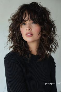 Curtain Bangs Curly Hair: Styling Tips & Ideas - Puqqu Curtain Bangs With Layers Curly Hair, Short Dark Curly Hair, Curly Shag Mullet, Shag Mullet Curly Hair, Soft Mullet, Curtain Bangs Curly Hair, Tashi Rodriguez, Curtain Bangs Curly, Hair Styling Tips