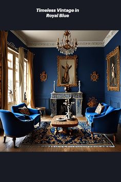 a living room with blue walls and furniture