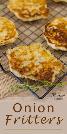 there are four fritters on a cooling rack with the words onion fritters above them