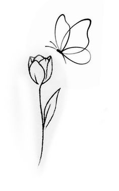 a drawing of a flower and a butterfly on a white background with the words love written in black ink