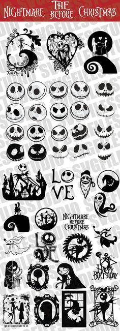 the nightmare before christmas sticker sheet is shown in black and white, with different designs