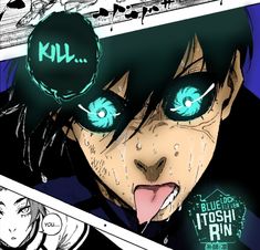 an anime character with blue eyes and green eyes holding a knife in front of his face