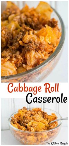 cabbage roll casserole in a glass bowl with the words cabbage roll casserole above it