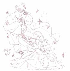 a drawing of a man and woman dressed up as princesses with stars in the background