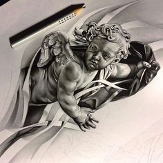 a pencil drawing of an angel with wings on it's chest and arms, holding onto