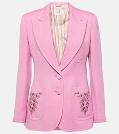 Spring Wool Suits With Pockets, Luxury Spring Blazer, Luxury Spring Blazer With Lapel Collar, Luxury Embroidered Winter Blazer, Luxury Spring Outerwear With Floral Embroidery, Spring Wool Single Breasted Blazer, Luxury Notch Lapel Blazer For Spring, Spring Wool Single-button Blazer, Spring Wool Single-breasted Blazer