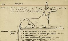 a drawing of an egyptian dog laying on top of a table with other drawings around it