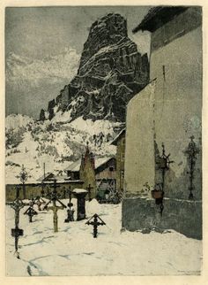 an old photo of a snowy mountain with buildings in the foreground and snow on the ground