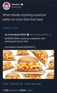 a twitter post with an image of french fries and burgers on the bottom right hand corner