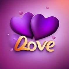 two purple hearts with the word love written in gold lettering on a pink and purple background