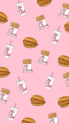 a pink background with hotdogs, fries and drinks on it's sides