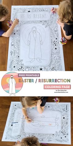 Our giant Easter coloring page is perfect for Easter. Color and use as decoration to celebrate the true meaning of Easter - the resurrection of Jesus Christ. Or color as a family and use it for your Easter lesson / devotion. Download the free print at www.theAlohaHut.com and have fun coloring this DIY religious Easter activity page. Lds Easter Coloring Pages, Jesus Easter Printables Free, He Is Risen Coloring Page Free Printable, Ward Easter Party Lds, Easter Activity Days Lds Ideas, Jesus Easter Crafts For Kids, Lds Easter Printables, He Is Risen Coloring Page, Resurrection Coloring Page