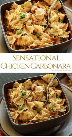 two pictures of chicken and pasta in a casserole dish, with the title above it