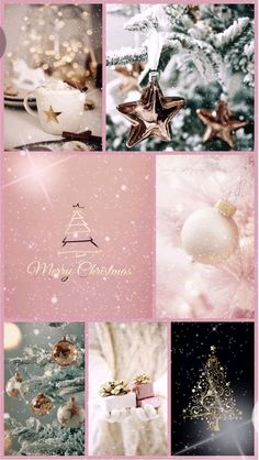 a collage of christmas images with stars and baubles in pink, white and gold