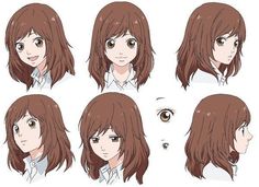 an anime character's face with different facial expressions and hair styles, including brown eyes