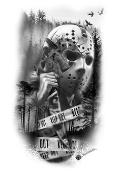 a black and white drawing of a person holding a hockey mask with words on it