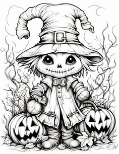 a black and white drawing of a witch with pumpkins