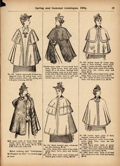 Ladies' capes, Eaton's Spring Summer 1895, p. 13. Late 1800s Fashion, Victorian Gothic Aesthetic, 1900 Fashion, Victorian Era Fashion, Old Dresses, Gothic Aesthetic, Capes For Women