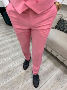 We're featuring a slim-fit Pink Suit. From HolloMen fall-winter 22/23 collection. Suit Color: Pink The suit's fabric includes 65% Polyester, and 35% Viscone. Its jacket has a swallow collar, double slits, flap pockets, and double buttons and it is fully canvassed. Suit Care Instructions: Dry clean only In your package, we will include a jacket, vest, pants, shirt, tie, pocket square, and flower-pin flower/lapel chain. Our model wears EU50/US40. His height and weight are 180cm by 77kg respectivel Slim Fit Suit With Lapel Collar For Spring, Slim Fit Suits With Lapel Collar For Spring, Slim Fit Spring Suits With Lapel Collar, Spring Slim Fit Suits With Lapel Collar, Fitted Three-piece Suit With Long Sleeves For Spring, Fitted Three-piece Suit For Spring, Fitted Solid Color Dress Pants For Semi-formal Occasions, Slim Fit Three-piece Suit With Pressed Crease, Spring Fitted Single Breasted Tuxedo