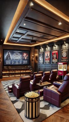 this is an image of a home theater with leather seats and movie screens on the wall