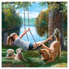 a woman on a swing with two dogs in front of her and the caption reads, wednesday we laugh together and play that time all this time was worth waiting for