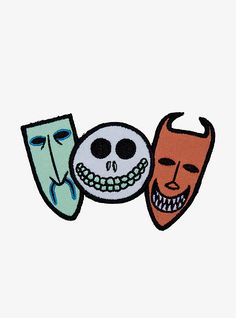 three different colored patches with faces on them, one has a skull and the other has a demon