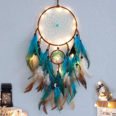 there is a light up dream catcher on the wall