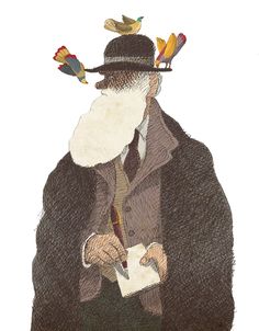 an old man wearing a hat and coat with birds on his head while holding a book