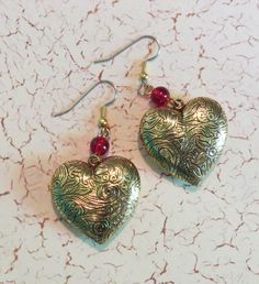 Heart Earrings Big & Chunky 24 Karat Gold Plate Ruby Red Glass Beads Valentine Valentines Day Love Romance Hearts Gift EG493 by NostalgicCharm on Etsy Nickel-free Double Heart Jewelry For Valentine's Day, Nickel-free Dangle Jewelry For Valentine's Day, Valentine's Day Jewelry With Heart-shaped Beads, Valentine's Day Jewelry With Heart Beads, Heart Beads Metal Earrings For Gift, Metal Heart Beads Earrings For Gifts, Metal Heart Beaded Earrings For Gifts, Vintage Heart Charm Earrings For Valentine's Day, Gift Metal Heart Earrings With Heart Beads