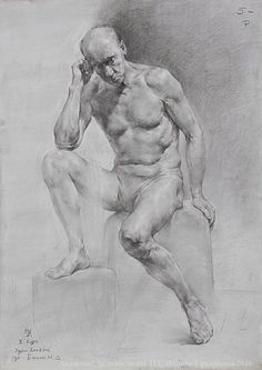 a pencil drawing of a man sitting on a stool