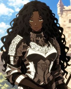 a woman with long black hair and armor standing in front of a castle like building