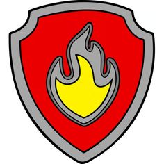 a red and yellow fire shield with flames on the center, in front of a white background