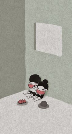 two cartoon characters hugging each other in a room