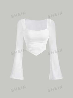 Free Returns ✓ Free Shipping✓. SHEIN MOD White Flare Sleeve Square Neck Ruched Hanky Hem Tee- Women T-Shirts at SHEIN. Shein Tops Shirts, Hispanic Clothing, Stylish Tops Fashion, Champagne Shirt, Flare Shirt, Scene Outfits, White Flares, Hanky Hem, Flare Top