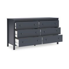 a black dresser with four drawers and two white drawers on the bottom, in front of a