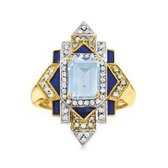 Ross-Simons - 2.10ct t. w. London Blue, Sky Blue, White Topaz Ring, Blue Enamel Over Sterling. Size 9. An RS exclusive. This eye-catching ring boasts a beautiful display of blue hues. In a geometric design, a 1.70 carat sky blue topaz is framed by .20 ct. t. w. white topaz, .20 ct. t. w. London blue topaz and blue enamel in polished 18kt yellow gold over sterling silver. 1" wide. White and blue topaz ring. Blue Topaz birthstones are the perfect gift for December birthdays. Topaz Birthstone, White Topaz Rings, Sky Blue Topaz, London Blue Topaz, Blue Topaz Ring, London Blue, Topaz Ring, Blue Hues, White Topaz