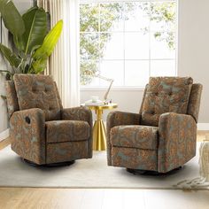 a living room with two chairs and a table in front of a window on the floor