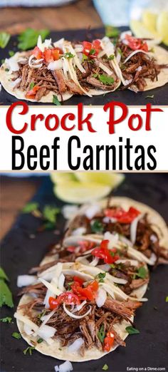 the crock pot beef carnitass are served on tortilla shells