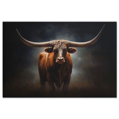 a painting of a bull with large horns on it's head in the grass