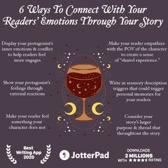 a wine glass with the words 5 ways to connect with your readers'emotions through your story