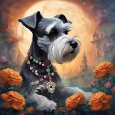 a painting of a schnauzer in front of a full moon and flowers