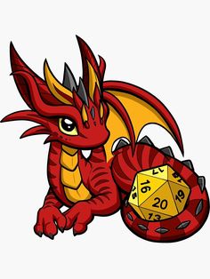 a red and yellow dragon is holding a dice in its paws with numbers on it