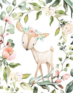 a watercolor painting of a deer surrounded by flowers