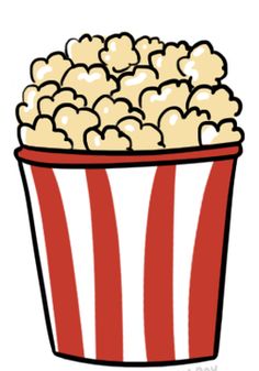 a red and white striped popcorn bucket filled with lots of popcorn on top of it