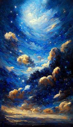 an oil painting of clouds and stars in the night sky