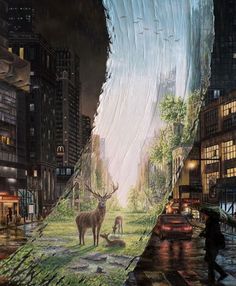 a painting of a city street with buildings and animals in the foreground, while people are walking on the sidewalk