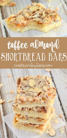 coffee almond shortbread bars stacked on top of each other with the words, coffee almond shortbread bars